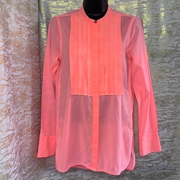 J.Crew Neon Coral Grosgrain Grain Ribbon Long Sleeve Blouse Size 0 - Picture 4 of 15